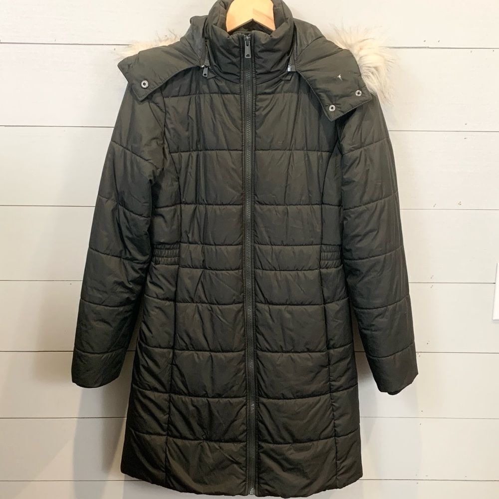 Banana Republic Women's Black Quilted parka with Faux Fur Hood size XS